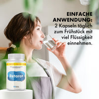 Thumbnail for Frau trinkt Wasser neben Retaro Dose mit Text 2 Kapseln täglich zum Frühstück