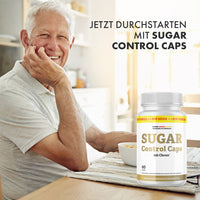 Thumbnail for Älterer Mann sitzt am Tisch beim Frühstück, daneben Dose Sugar Control Caps und sichtbarer Werbetext