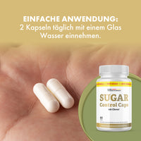 Thumbnail for Zwei Kapseln auf der Handfläche, ergänzt durch Sugar Control Caps Dose und Hinweis zur täglichen Anwendung