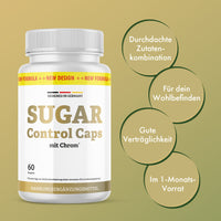 Thumbnail for Dose Sugar Control Caps mit Chrom vor grünem Hintergrund, daneben grafische Kreise mit Produkteigenschaften