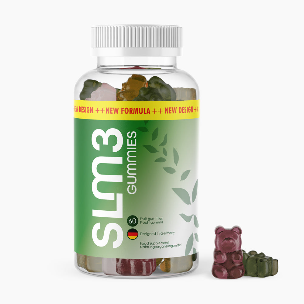 Slm3 Gummies Dose mit grünem Etikett, Fruchtgummis innen und zwei Gummies rechts daneben