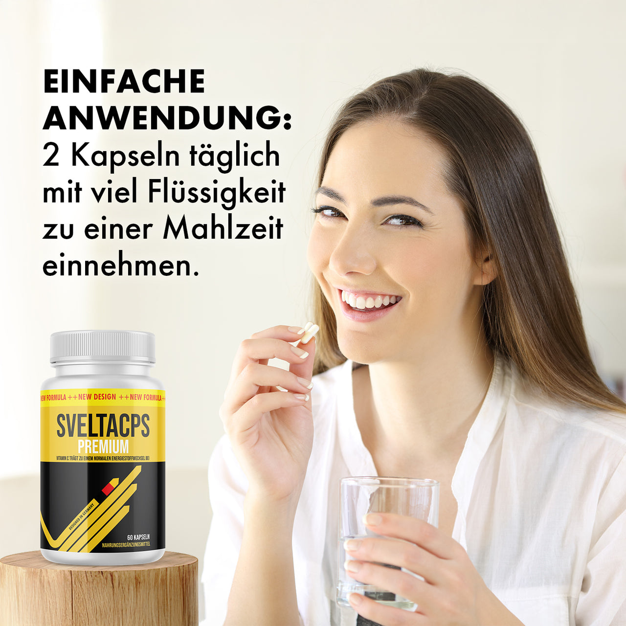 Sveltacps Premium: Einnahmehinweis „2 Kapseln täglich mit viel Flüssigkeit zu einer Mahlzeit“