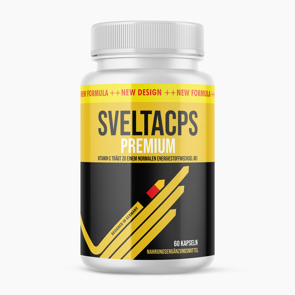 Sveltacps Premium Nahrungsergänzungsmittel mit 60 Kapseln in weißer Dose mit gelb-schwarzem Etikett