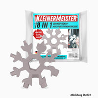 Thumbnail for Schneeflockenförmiges Metallwerkzeug vor Verpackung mit Aufschrift KleinerMeister 18 in 1