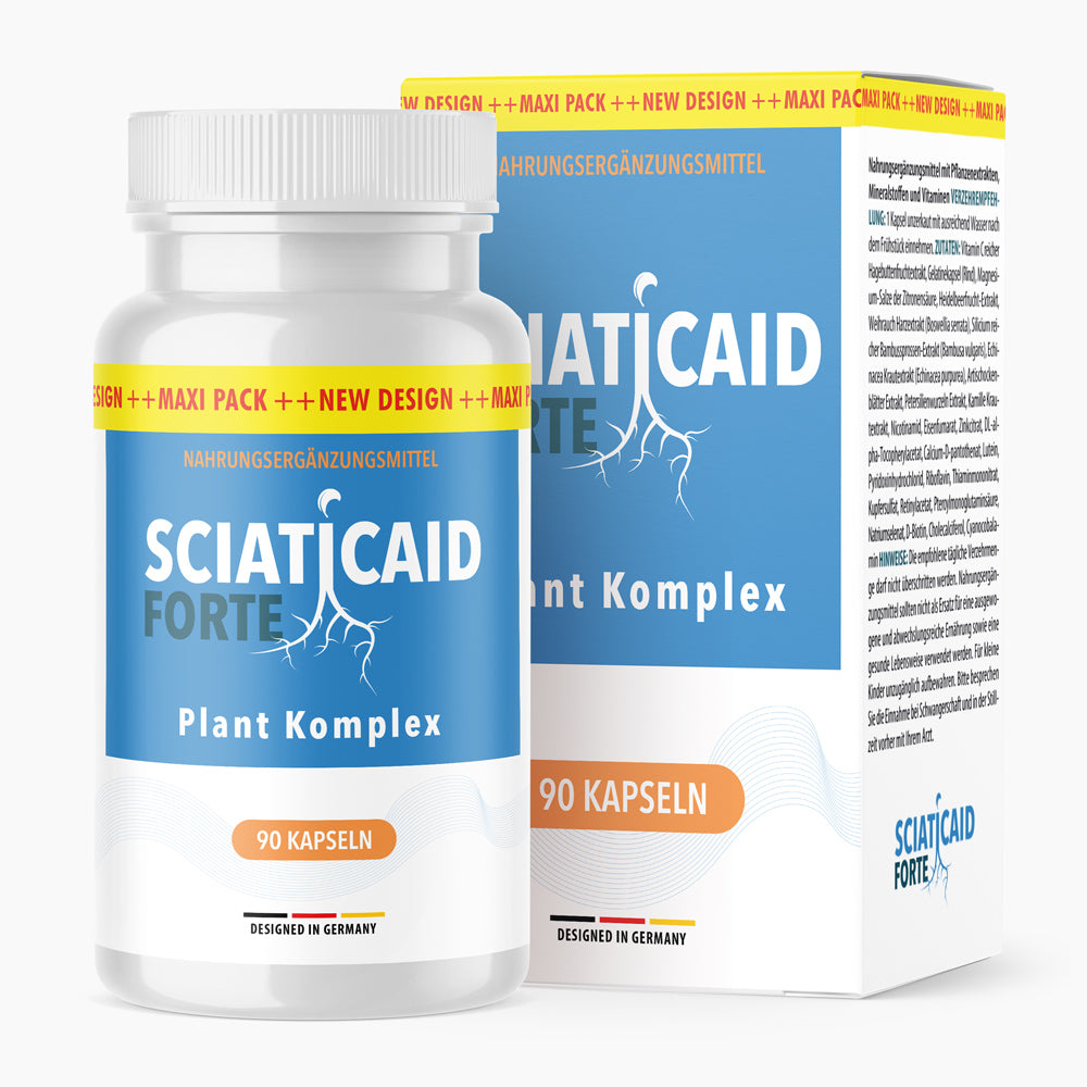 Produktansicht von Sciatic Aid Forte Plant Komplex Nahrungsergänzung mit Dose und Verpackung 90 Kapseln