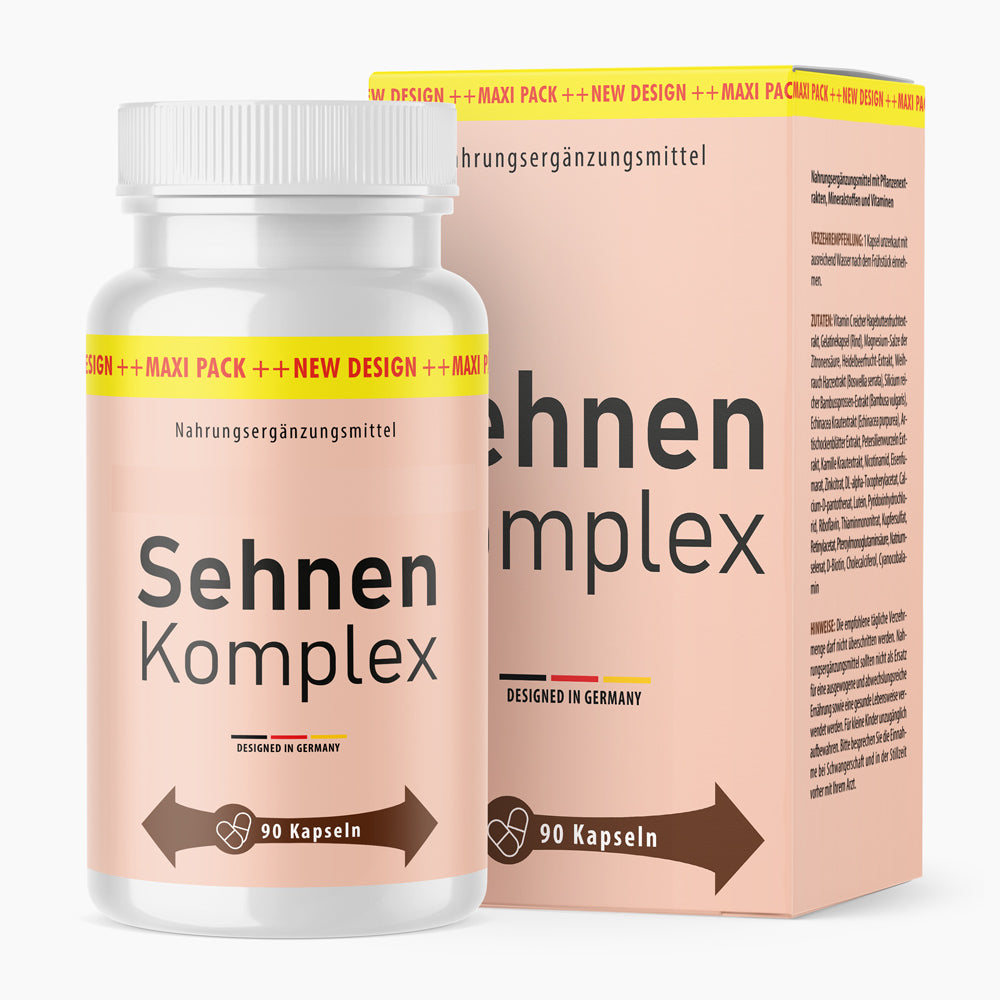 Dose Sehnen Komplex neben passender Umverpackung mit Designed-in-Germany-Hinweis und 90 Kapseln