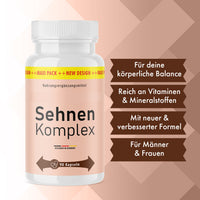 Thumbnail for Weiße Dose Sehnen Komplex mit Angabe 90 Kapseln, daneben vier braune Kästen mit Infopunkten