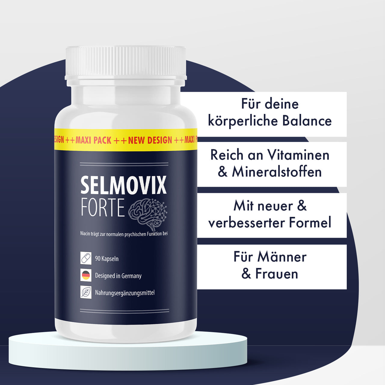 Selmovix Forte mit 90 Kapseln; Werbegrafik nennt Vitamine, Mineralstoffe und Männer & Frauen
