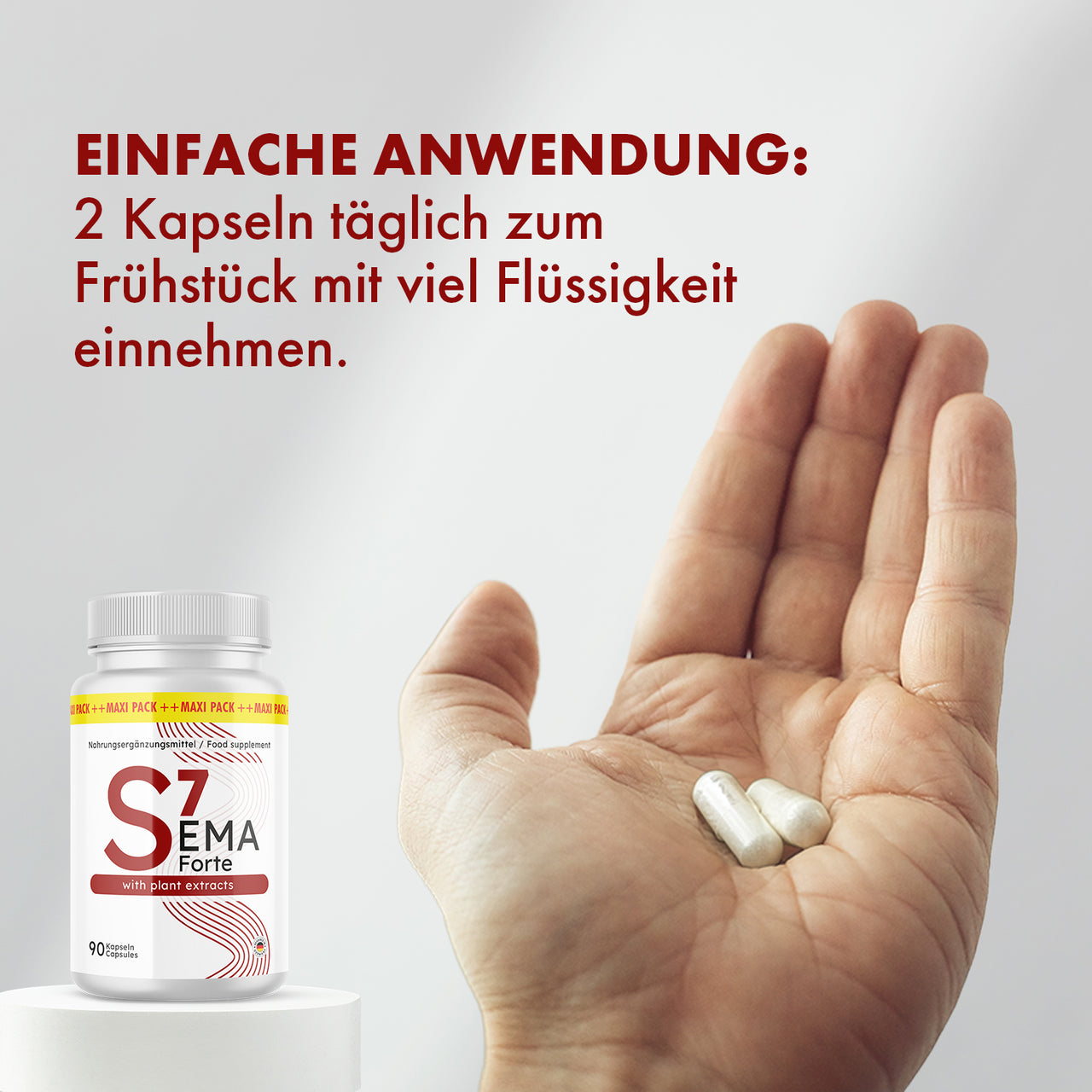Hand mit zwei Kapseln, Sema 7 Forte, Hinweis 2 Kapseln täglich zum Frühstück