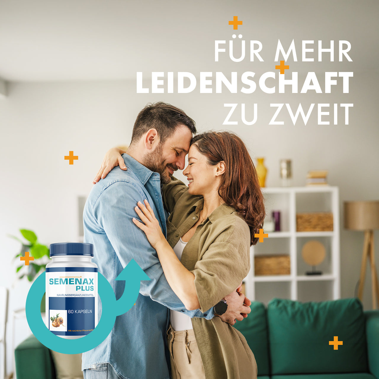 Paar umarmt sich im Wohnzimmer, daneben Dose Semenax Plus mit 60 Kapseln und Pfeilsymbol links
