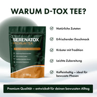Thumbnail for Verpackung Serenatox Premium Tea, daneben fünf Stichpunkte mit Symbolen und Text