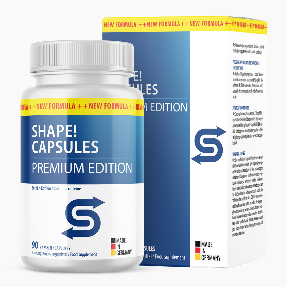 Weiße Kunststoffdose mit blauem Etikett und Schriftzug SHAPE CAPSULES PREMIUM EDITION