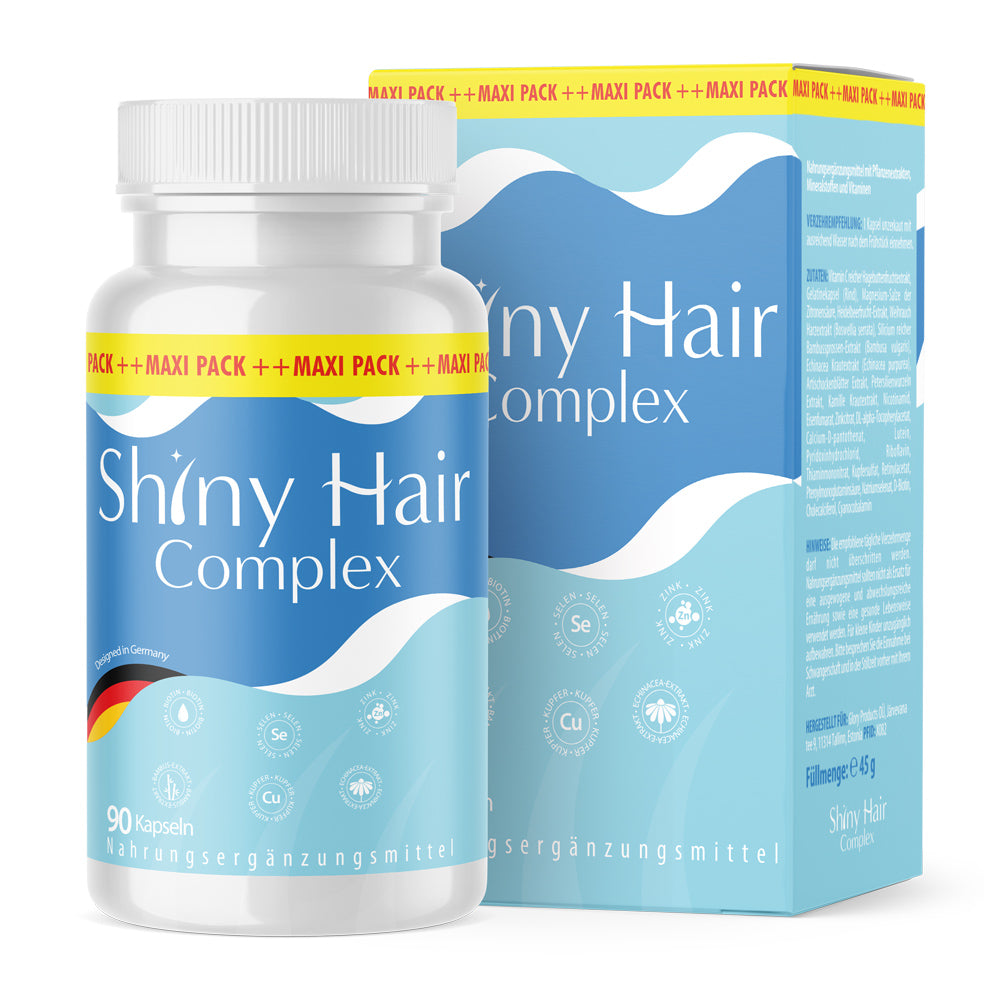 Weiße Kunststoffdose mit blauem Etikett Shiny Hair Complex 90 Kapseln vor passender Faltschachtel