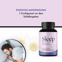 Thumbnail for Sleep Gummies: „1 Fruchtgummi vor dem Schlafengehen“ neben Produktdose und schlafendem Mann