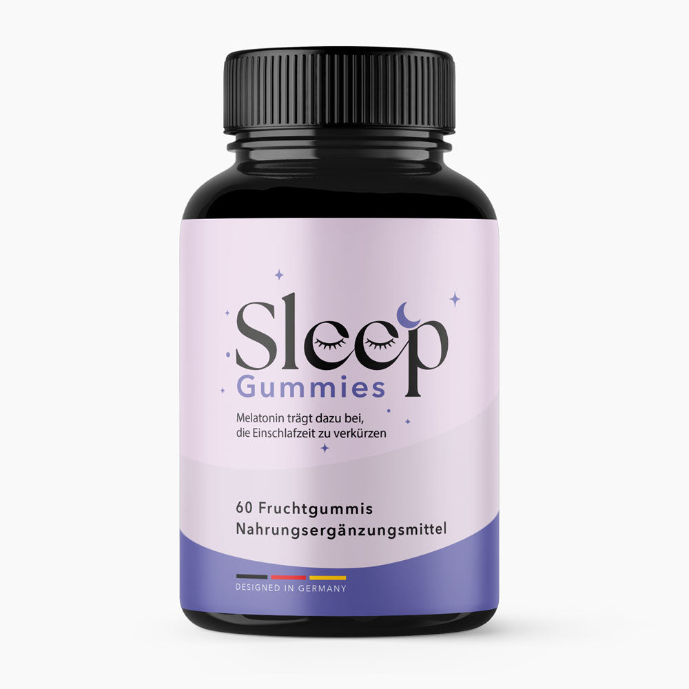Sleep Gummies mit Melatonin: schwarze Dose mit 60 Fruchtgummis, lilafarbenem Etikett und Mond