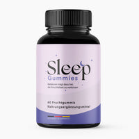 Thumbnail for Sleep Gummies mit Melatonin: schwarze Dose mit 60 Fruchtgummis, lilafarbenem Etikett und Mond