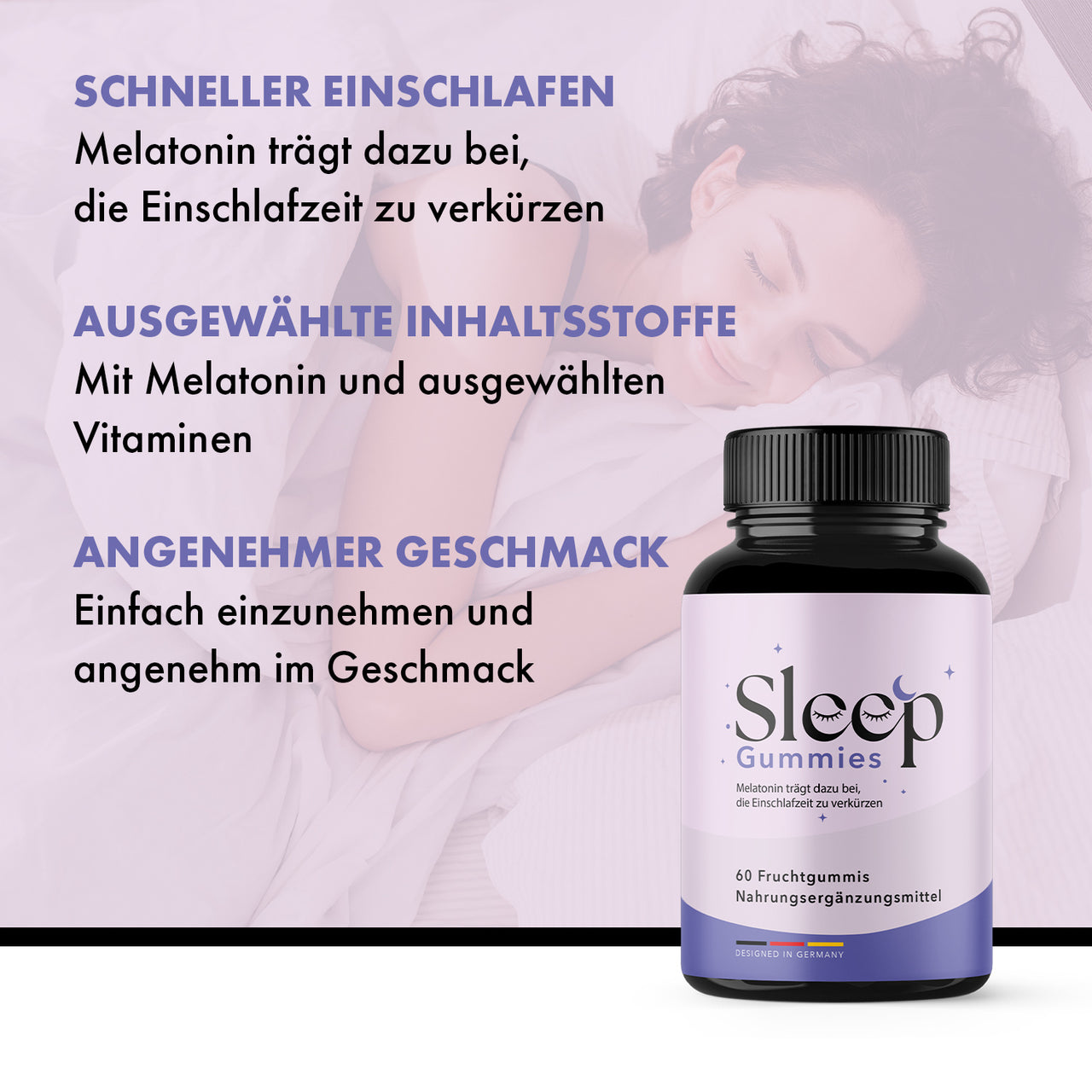 Werbegrafik: Schlafende Frau und Sleep-Gummies-Dose; Text wirbt mit kürzerer Einschlafzeit