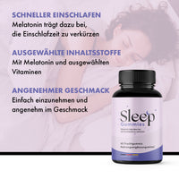 Thumbnail for Werbegrafik: Schlafende Frau und Sleep-Gummies-Dose; Text wirbt mit kürzerer Einschlafzeit