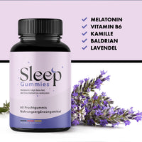 Thumbnail for Sleep Gummies mit 60 Fruchtgummis; daneben Melatonin, Vitamin B6, Kamille, Baldrian und Lavendel