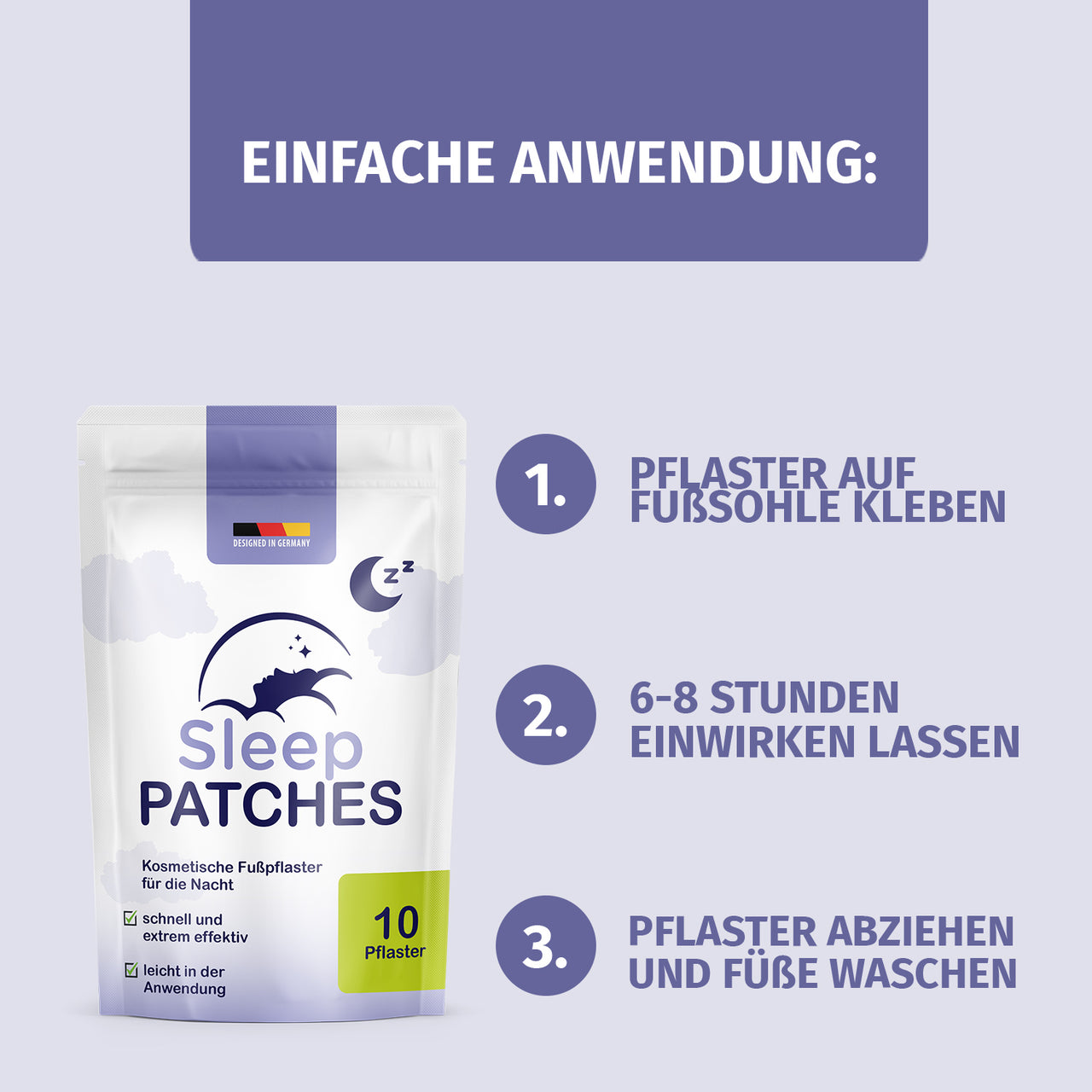 Beutel Sleep Patches mit 10 Pflastern und Anleitung mit drei Schritten zum Aufkleben am Fuß