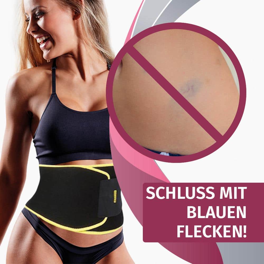 Frau mit schwarzem Hüftgurt und farbiger Illustration mit Symbol gegen blaue Flecken rechts daneben