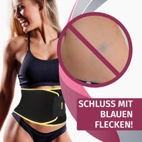 Thumbnail for Frau mit schwarzem Hüftgurt und farbiger Illustration mit Symbol gegen blaue Flecken rechts daneben