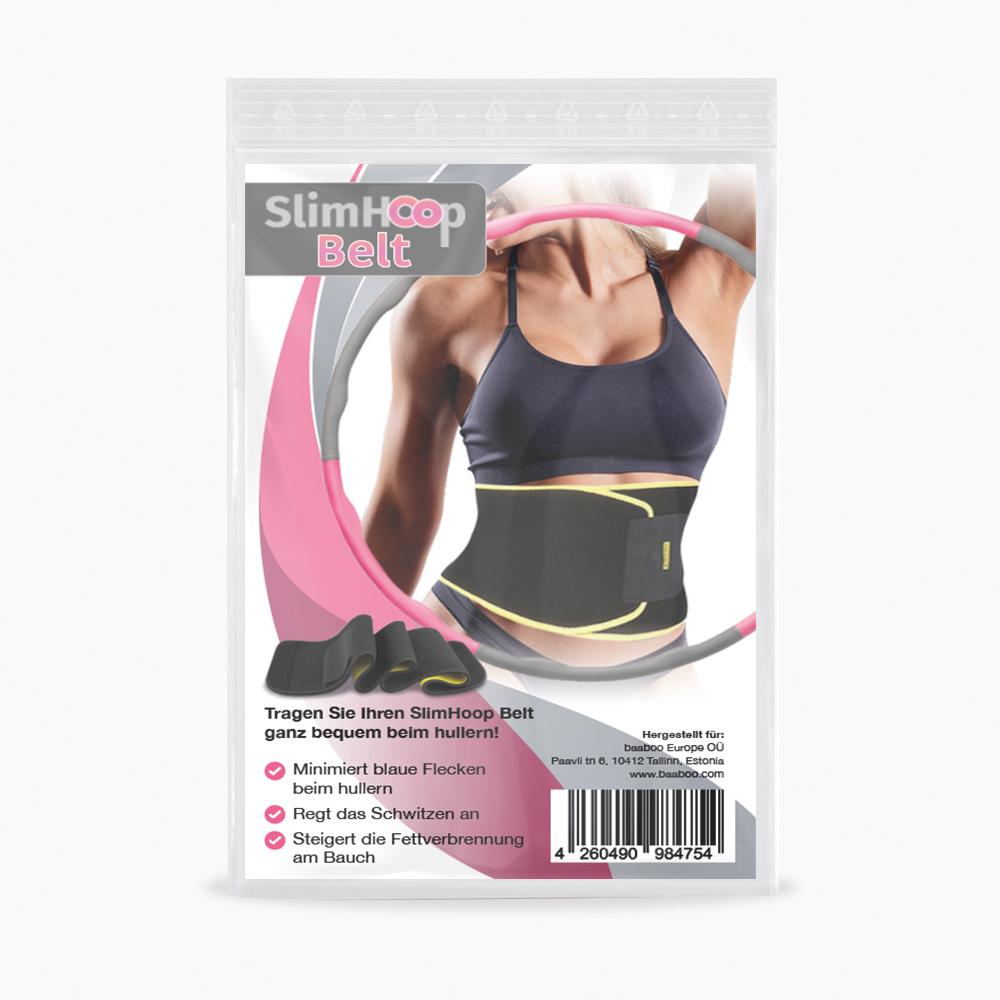 Frau mit schwarzem Bauchgurt auf Verpackung SlimHoop Belt, darunter Text zu Anwendung und Barcode