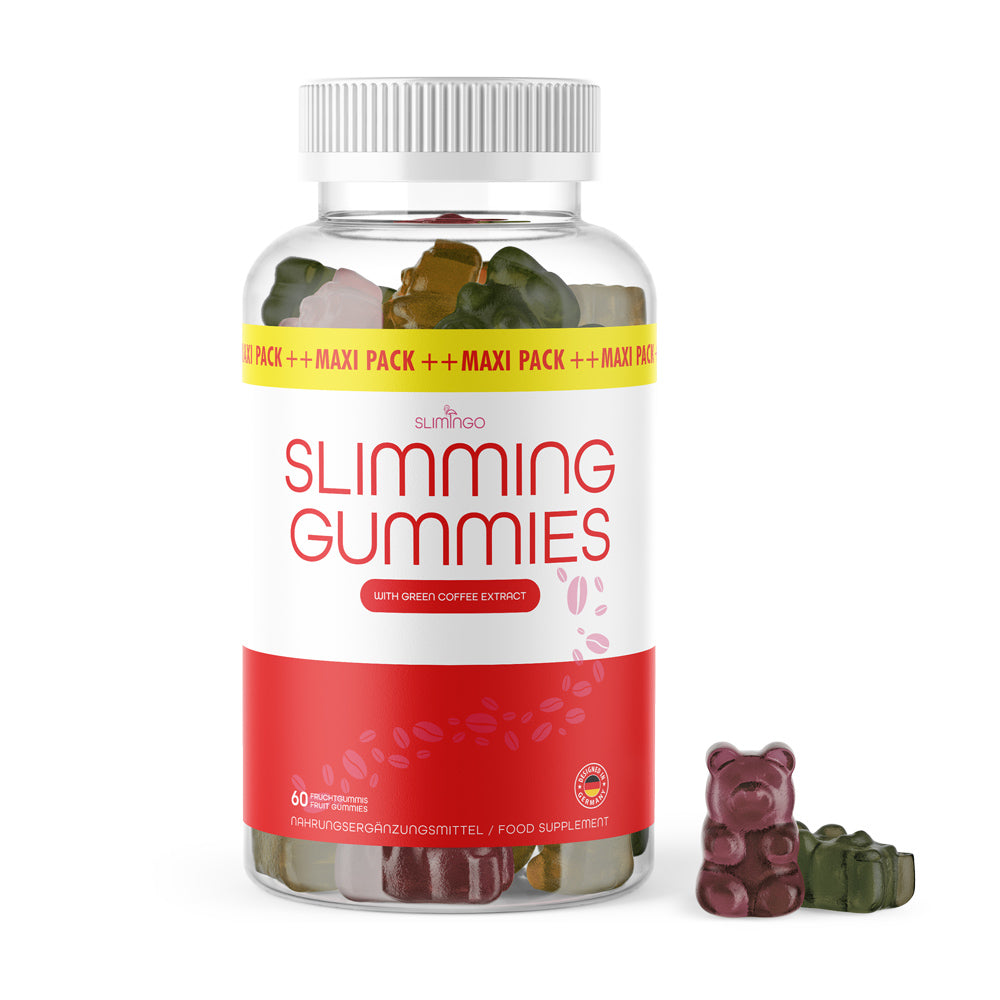 Transparente Dose Slimming Gummies mit Grünkaffeeextrakt plus zwei Fruchtgummis vorne