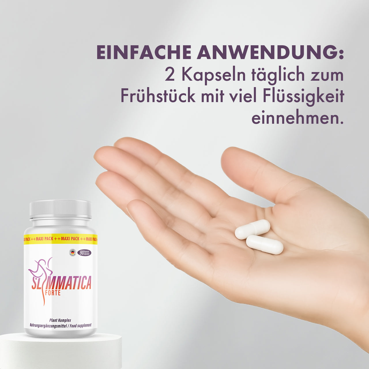 Hand holding two capsules next to Slimmatica Forte can and text on simple application