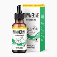Thumbnail for Braune Flasche mit Pipette und Etikett Slimmerine mit Sanddornöl vor passender Faltschachtel