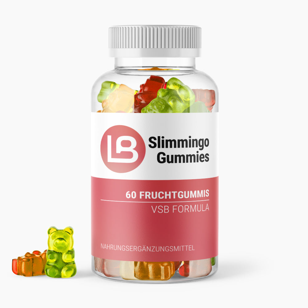 Dose mit rotem Etikett Slimmingo Gummies, sichtbare Fruchtgummis im Inneren und zwei daneben platziert