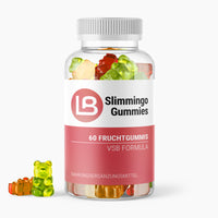 Thumbnail for Dose mit rotem Etikett Slimmingo Gummies, sichtbare Fruchtgummis im Inneren und zwei daneben platziert