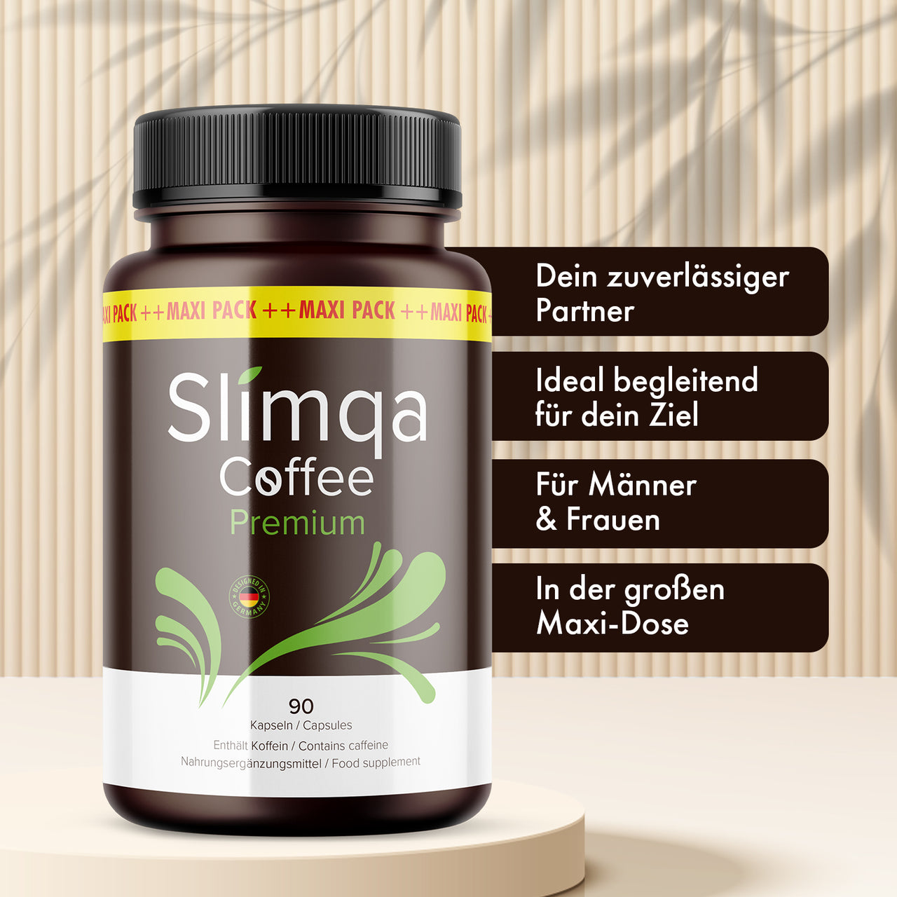 Slimqa Coffee Premium Dose mit 90 Kapseln neben vier sichtbaren Hinweisen zu Produktmerkmalen
