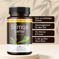 Thumbnail for Slimqa Coffee Premium Dose mit 90 Kapseln neben vier sichtbaren Hinweisen zu Produktmerkmalen