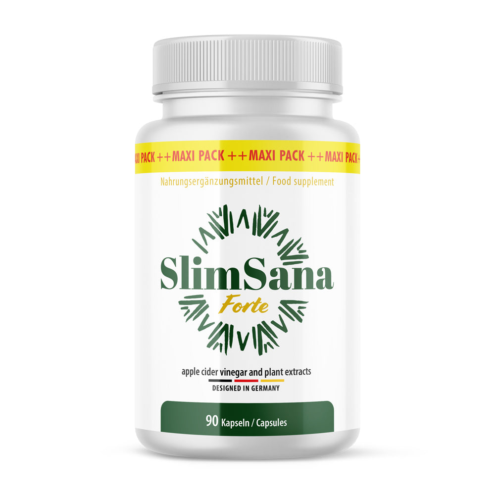 Weiße Dose mit Aufdruck „MAXI PACK“, SlimSana Forte, Designed in Germany