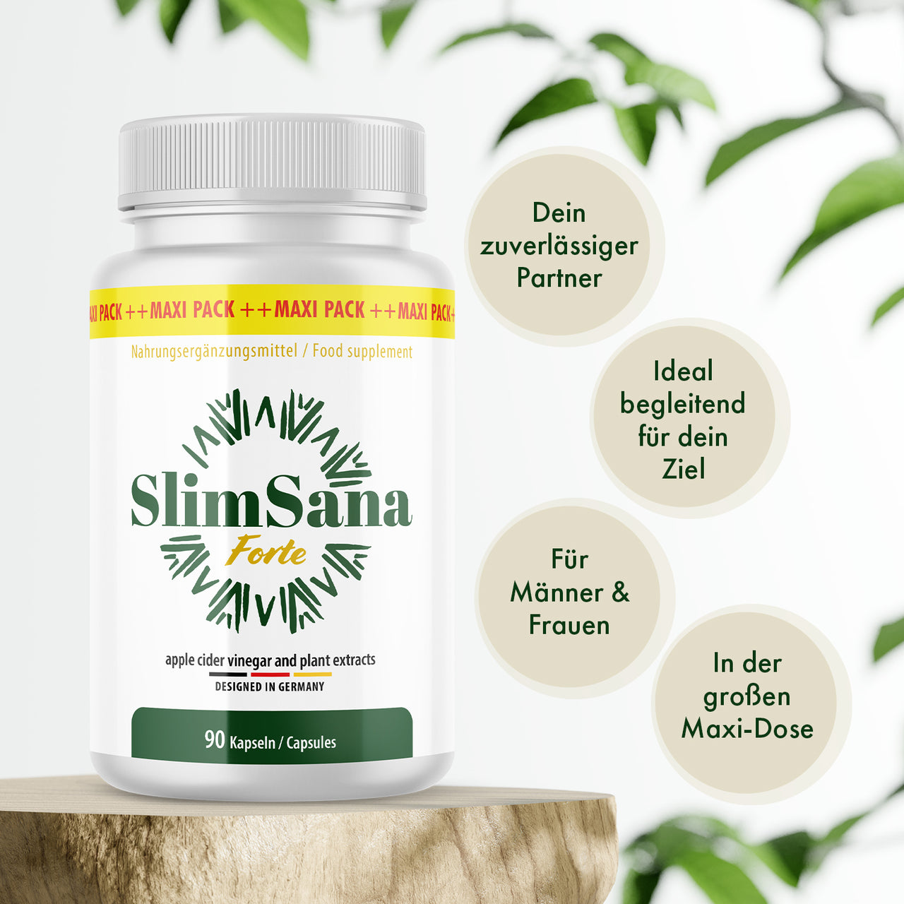 Dose SlimSana Forte, 90 Kapseln, mit vier Textkreisen neben der Dose