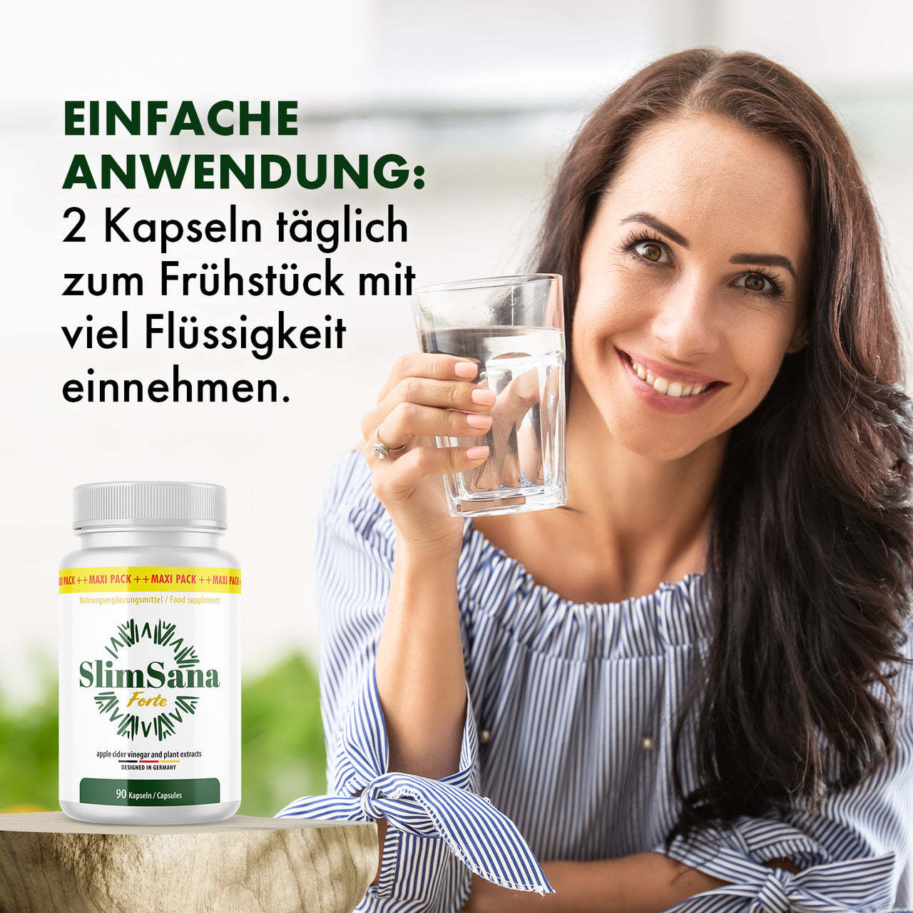 Frau hält ein Wasserglas, daneben Text „EINFACHE ANWENDUNG: 2 Kapseln täglich“