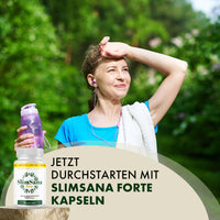 Thumbnail for Frau im Grünen mit Trinkflasche und Handtuch, Text „Jetzt durchstarten…“, SlimSana-Dose