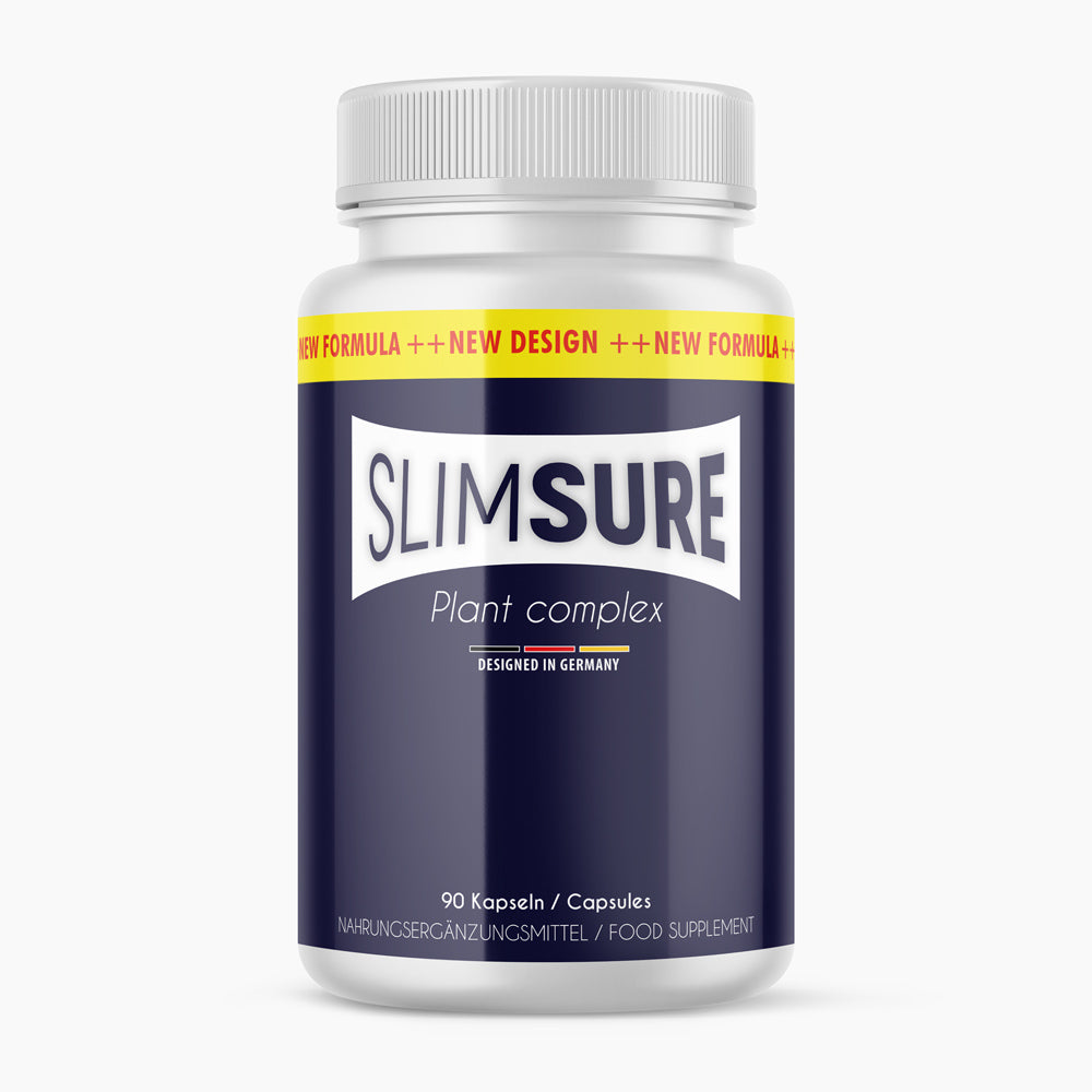 Dose mit dunklem Etikett, Schrift Slimsure Plant Complex und 90 Kapseln
