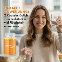 Thumbnail for Frau mit Glas Wasser neben Slimvitax FT BRN Dose und Hinweis zur Einnahme mit 2 Kapseln