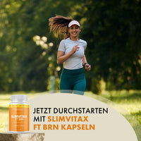 Thumbnail for Laufende Frau im Park neben Slimvitax FT BRN Dose mit Schrift Jetzt durchstarten