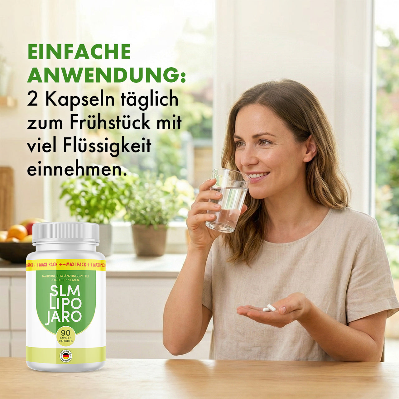 Frau mit Wasserglas, SLM Lipo Jaro Dose und Text Einfache Anwendung mit 2 Kapseln täglich