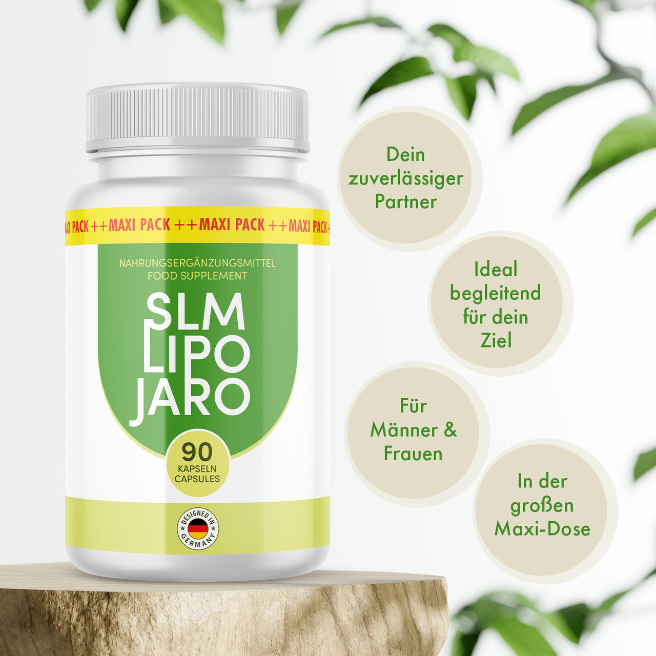 Weiße Kunststoffdose SLM Lipo Jaro mit 90 Kapseln und vier runden Textfeldern
