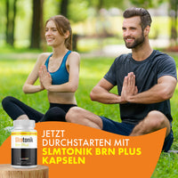 Thumbnail for Werbebanner mit Slmtonik Brn Plus Kapseln und dem Aufruf „Jetzt durchstarten“ vor einem Yoga-Paar