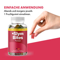 Thumbnail for Hand hält rotes Fruchtgummi neben Slym Bites Premium Dose mit 60 Fruchtgummis und Anwendungstext