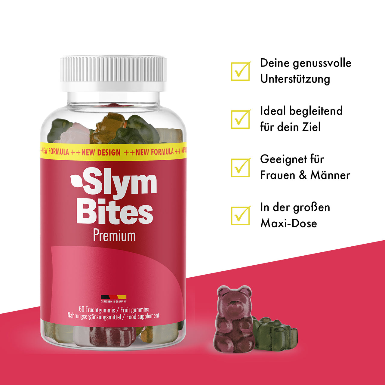 Glas-Dose Slym Bites Premium mit 60 Fruchtgummis, Infopunkten und zwei Gummibärchen rechts