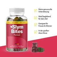 Thumbnail for Glas-Dose Slym Bites Premium mit 60 Fruchtgummis, Infopunkten und zwei Gummibärchen rechts