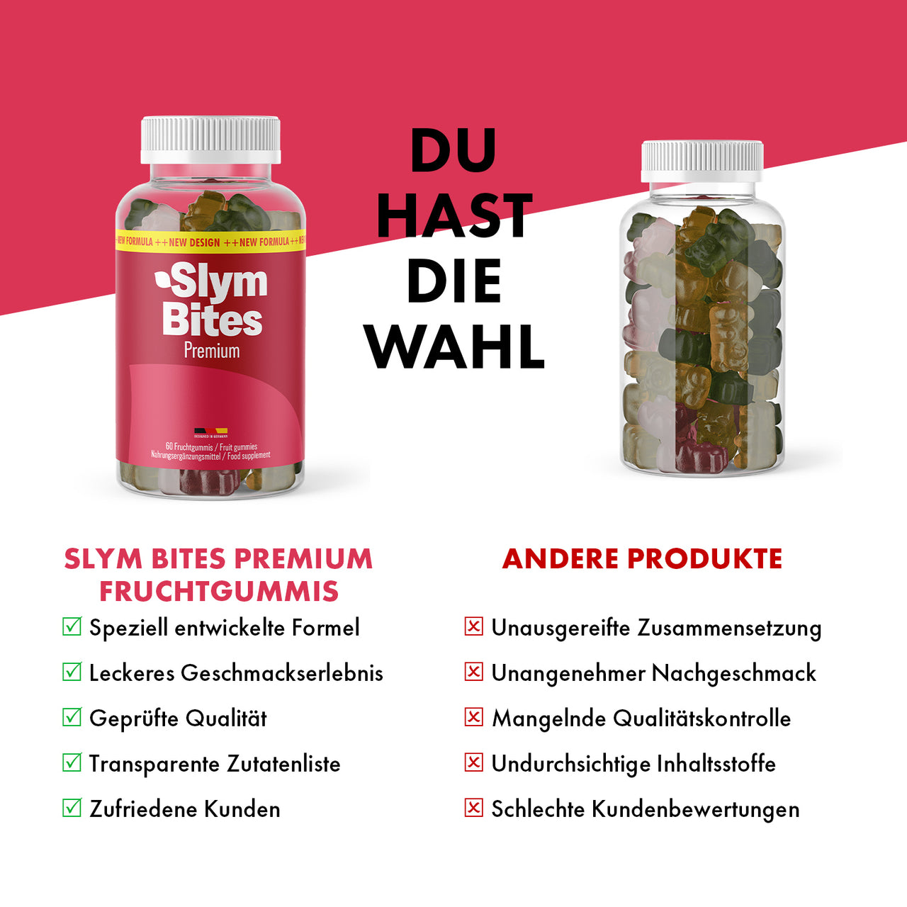 Slym Bites Premium Dose neben anderer Fruchtgummi-Dose mit Produktvergleich und Bewertungssymbolen