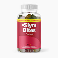 Thumbnail for Transparente Dose Slym Bites Premium mit rotem Etikett und 60 Fruchtgummis sichtbar vorn im Bild