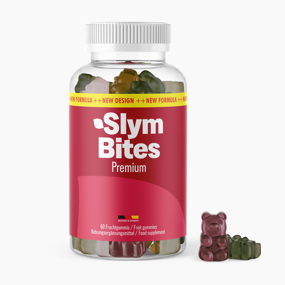 Glas-Dose Slym Bites Premium mit 60 Fruchtgummis und zwei Gummibärchen daneben rechts 
